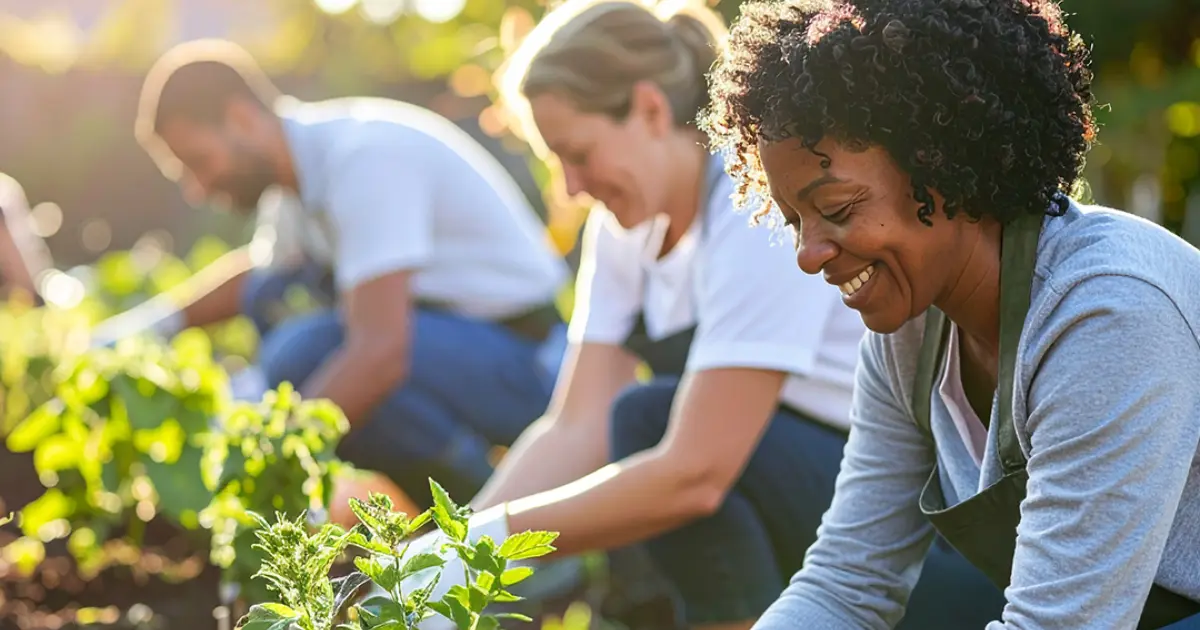 Three people are gardening outdoors on a sunny day, smiling as they tend to green plants in a garden bed. The focus is on a woman in the foreground, with two others working in the background.