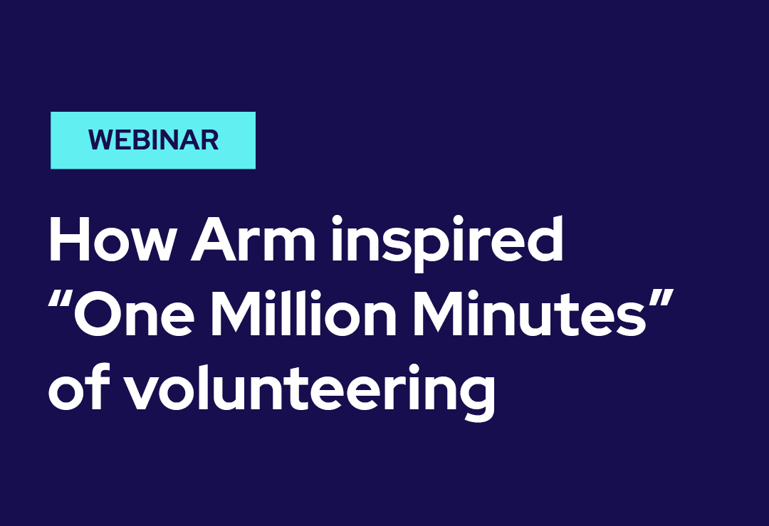 Webinar title slide with text: How Arm Inspired “One Million Minutes” of Volunteering. The Benevity logo appears at the bottom.
