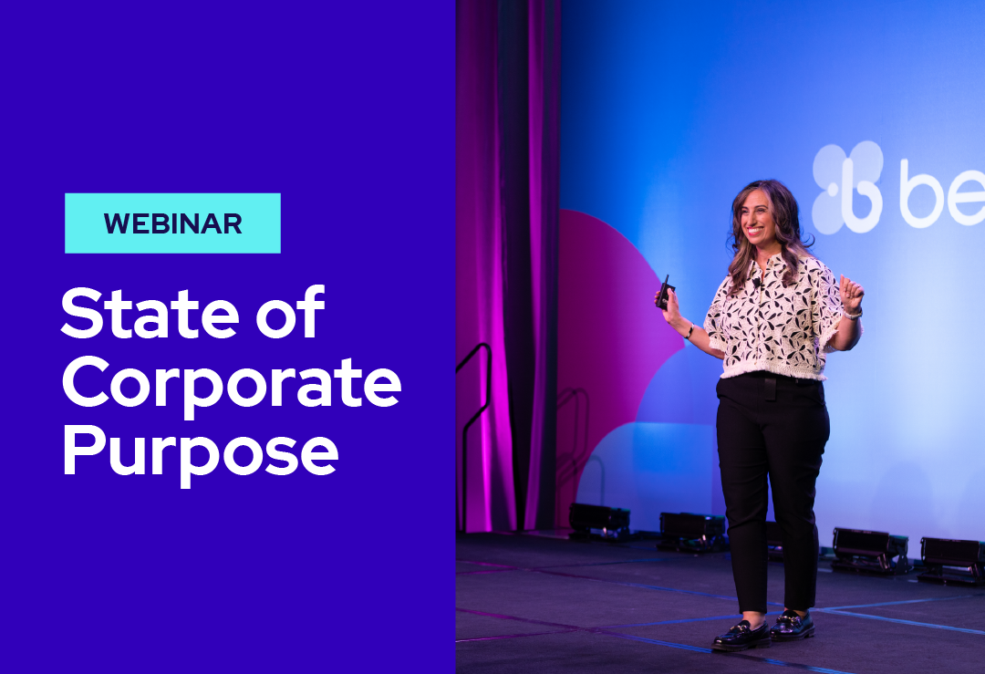 A woman stands and gestures on stage during a presentation, with a screen beside her displaying the text: WEBINAR State of Corporate Purpose in large white letters on a blue and purple background.