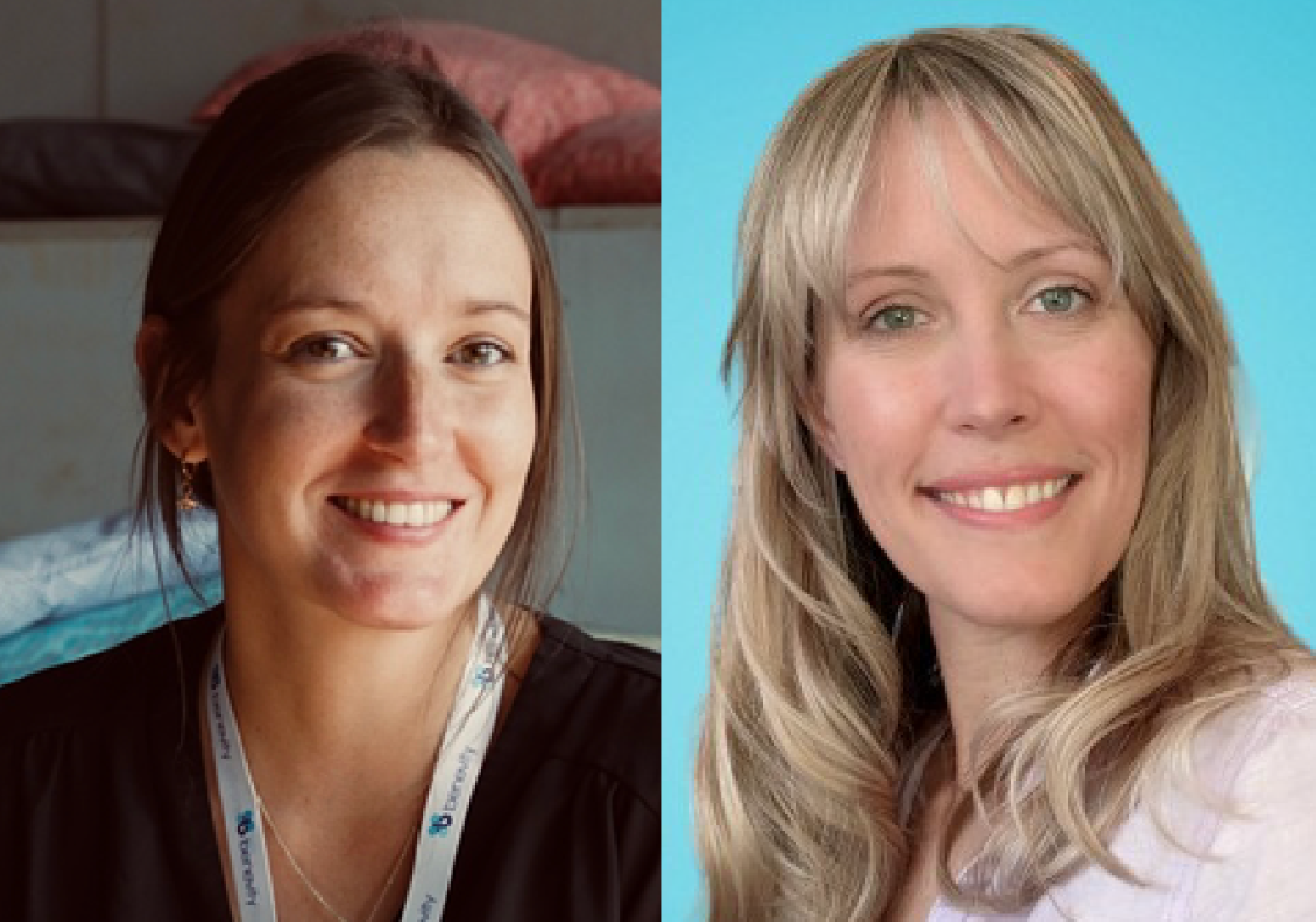 A split image showing two women smiling. The woman on the left has dark hair pulled back and wears a black top and lanyard. The woman on the right has long blonde hair and wears a light top with a blue background behind her.