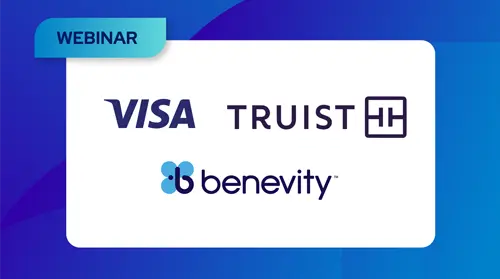 A graphic with a WEBINAR label and the logos of Visa, Truist, and Benevity on a white rectangle against a blue abstract background.