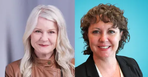 Two women side by side; the left woman has long, wavy blonde hair and wears a brown jacket, while the right woman has short, curly brown hair and wears a black blazer over a white top against a blue background.