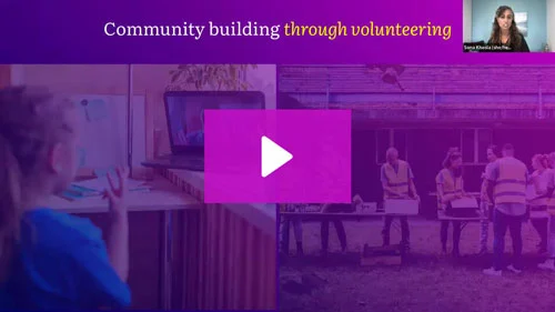 A presentation slide titled Community building through volunteering.
