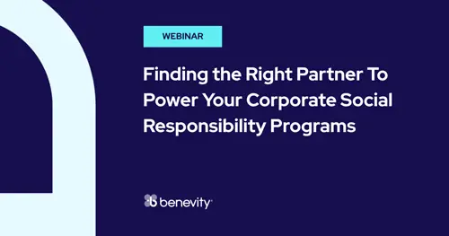 A webinar slide with the title Finding the Right Partner To Power Your Corporate Social Responsibility Programs on a dark blue background. 