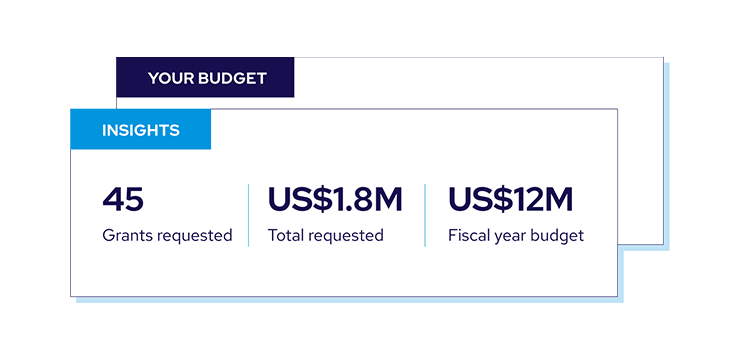 A summary graphic showing 45 grants requested, US$1.8M total requested, and a US$12M fiscal year budget under sections labeled Your Budget and Insights.