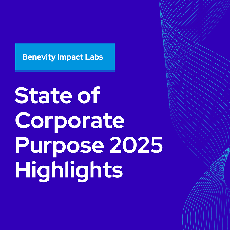 Blue graphic with white text reading Benevity Impact Labs State of Corporate Purpose 2025 Highlights and abstract blue wave lines on the right side.