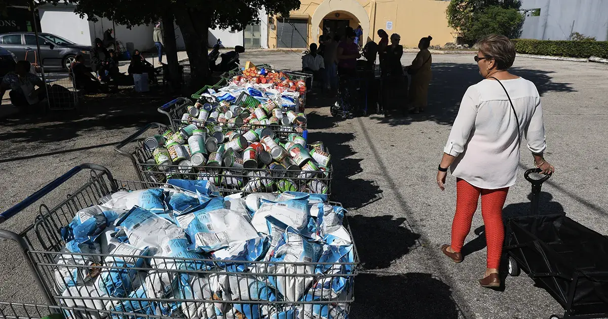 Several shopping carts filled with bags of chips, canned food, and bottles are lined up outdoors, with people sitting and standing in the background near a building and trees.