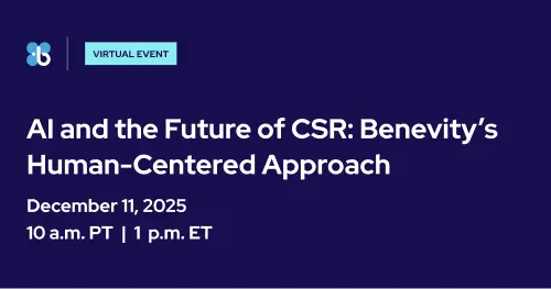 Dark blue event graphic with text: Benevity Webinar December 11, 2025