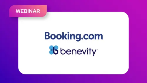 Graphic with the logos of Booking.com and Benevity on a white background, with a pink label in the top left corner reading WEBINAR against a purple gradient backdrop.