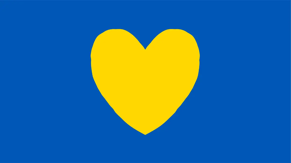 A yellow heart shape is centered on a solid blue background, resembling the colors of the Ukrainian flag.