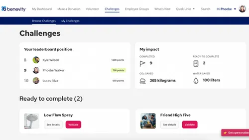 A leaderboard screen on Benevity Challenges displays users ranked by points, impact statistics like CO2 and water saved from micro-actions, and two challenges: Low Flow Spray and Friend High Five with validation options.