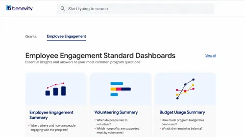 A webpage from Benevity displays the Employee Engagement Standard Dashboards with three summary cards—Employee Engagement, Volunteering, and Budget Usage—each with colorful icons and brief descriptions powered by CSR data from Benevity Reporting Studio.