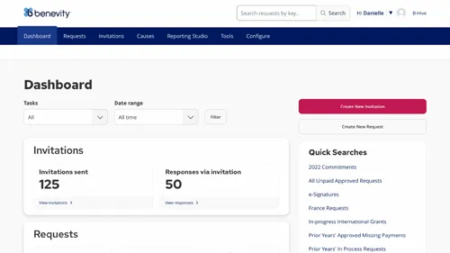 A dashboard on the Benevity platform shows statistics for invitations, with 125 sent and 50 responses. Integrated with Benevity Grants Management, the interface supports efficient grantmaking through tabs, search, filters, and quick access links.