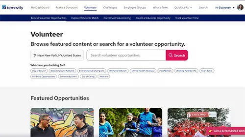 Screenshot of a volunteer opportunity search page on Benevity, showing search filters, a search bar, location set to New York, and featured volunteer opportunities with images below.