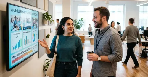 A male and female coworker in conversation discussing their companies volunteering and giving impact dashboard on a screen in front of them.