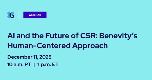 Dark blue event graphic with text: Benevity Webinar December 11, 2025