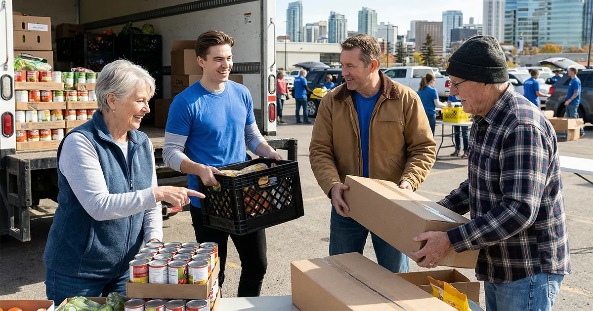 A group of employees volunteering by unloading boxes from a truck, city landscape background.