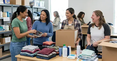 Group of 4 female colleagues volunteering at a women's shelter packing care kits.