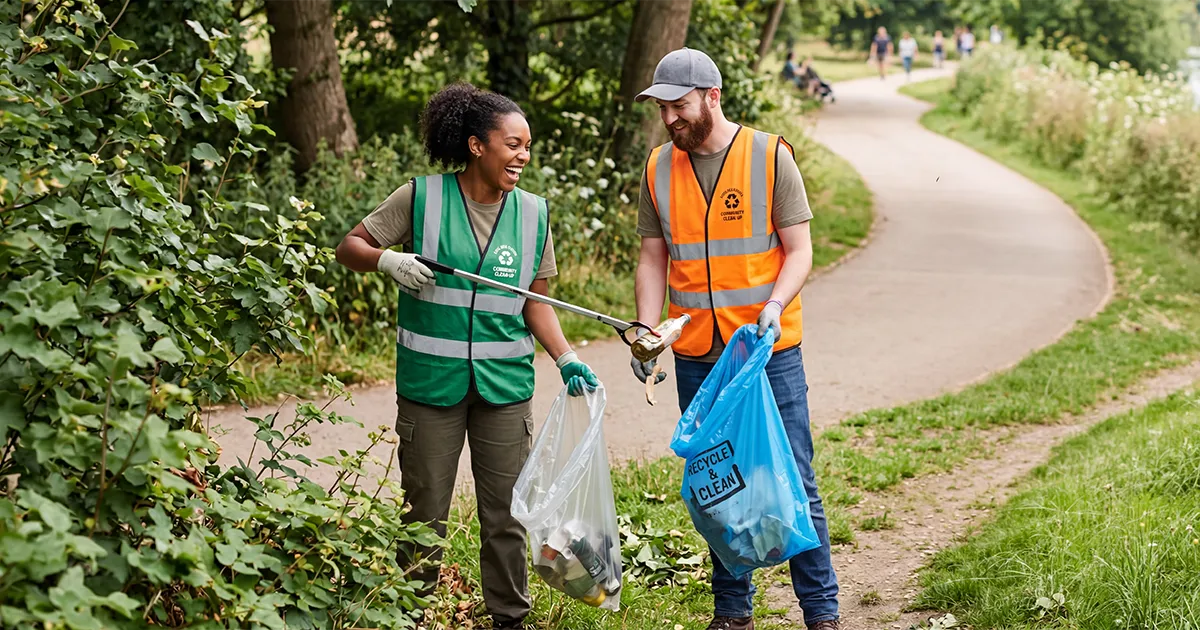 A male and female picking up trash along a park path.