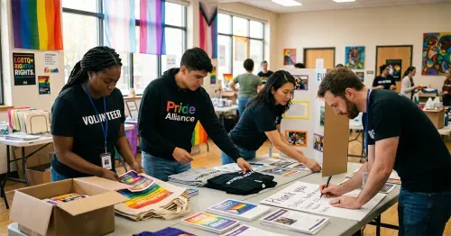 4 coworkers volunteering inside a pride nonprofit doing various tasks such as writing, unboxing and organizing.