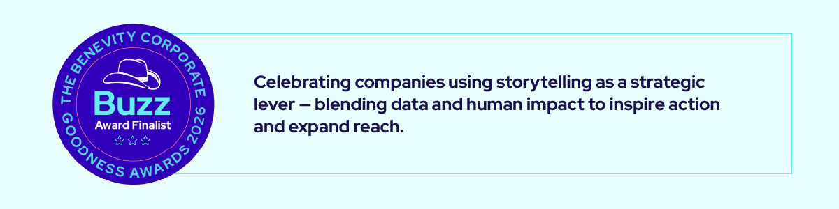 A blue badge reads The Benevity Corporate Goodness Awards 2016, Buzz Award Finalist next to text about using storytelling, data, and human impact to inspire action and expand reach.
