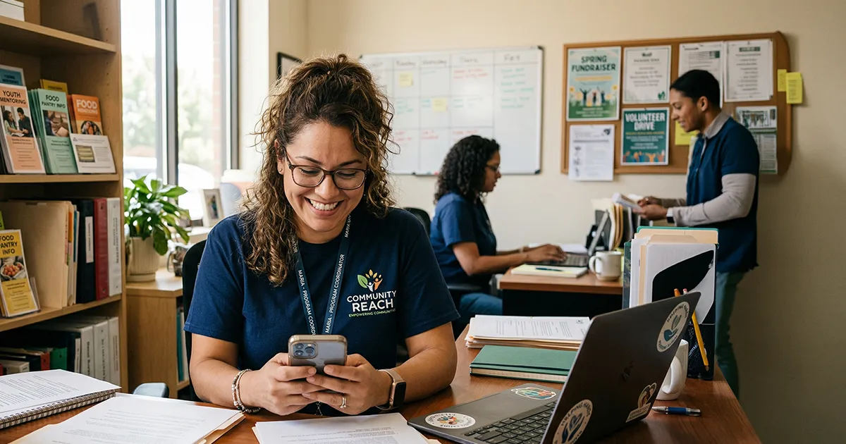 Woman working at a nonprofit organization smiling at her phone.