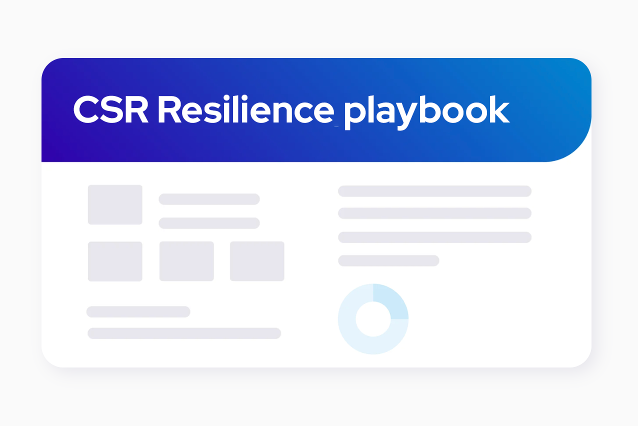 A blue and white graphic titled CSR Resilience playbook featuring abstract icons, text blocks, and a circular chart, representing a guide or resource for corporate social responsibility.