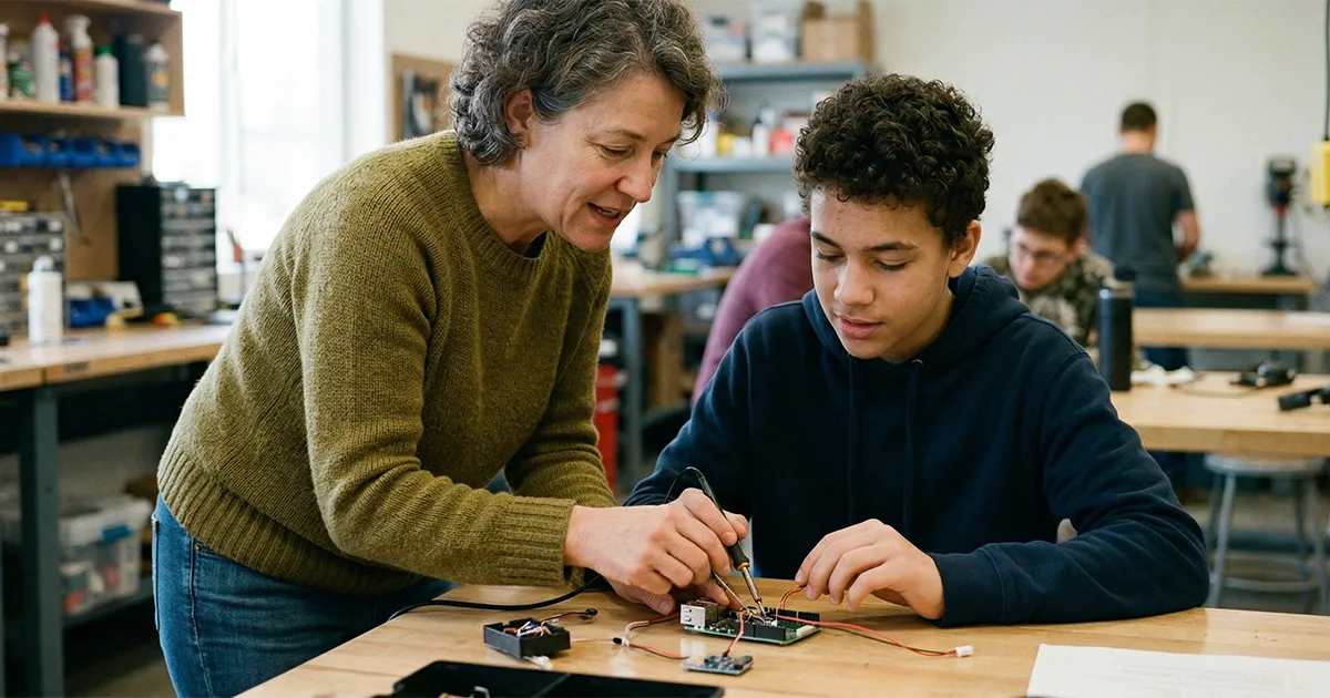 A woman mentoring a student by helping him wire a circuit board.