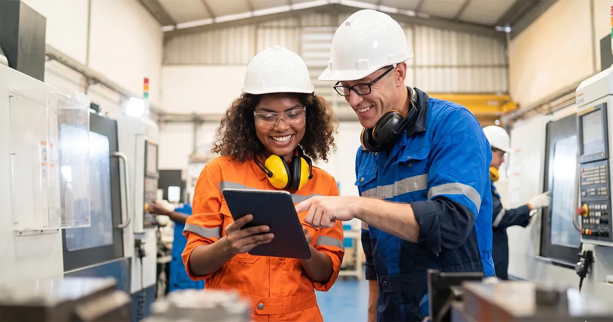 A male and female manufacturing worker look at a tablet.
