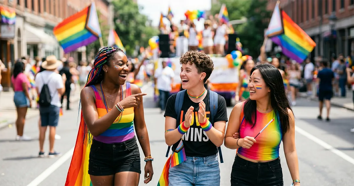 Three smiling people stand close together, holding a rainbow pride flag behind them. They appear joyful and are celebrating outdoors on a sunny day.