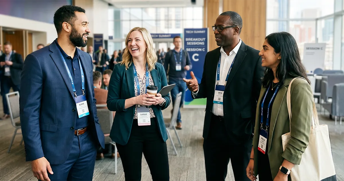 4 colleagues conversing during a break in the hallways of a conference hall