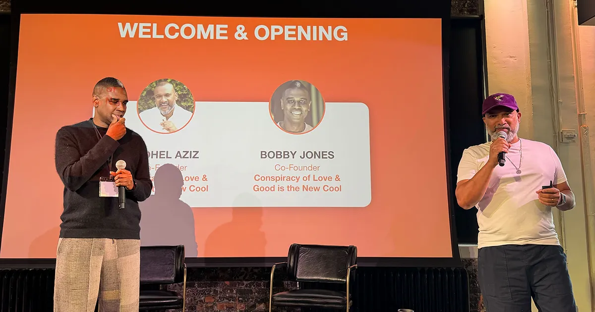 Afdhel Aziz and Bobby Jones, co-founders of Good is the New Cool and Conspiracy of Love, on stage at GoodCon 2026