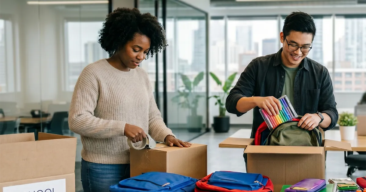 2 colleagues volunteering packing school supplies in a bright modern office.