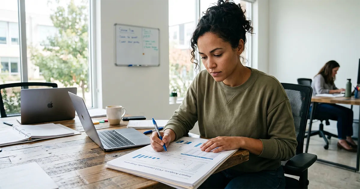 A woman who works at a nonprofit reviewing data on a sheet while at a desk.