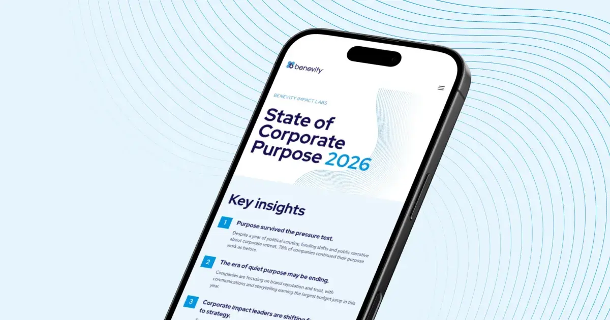 Smartphone showing a report titled 'State of Corporate Purpose 2026' with key insights listed.