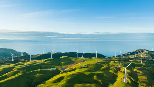 Wind turbines are spread across green hills overlooking a body of water, with a clear sky above.
