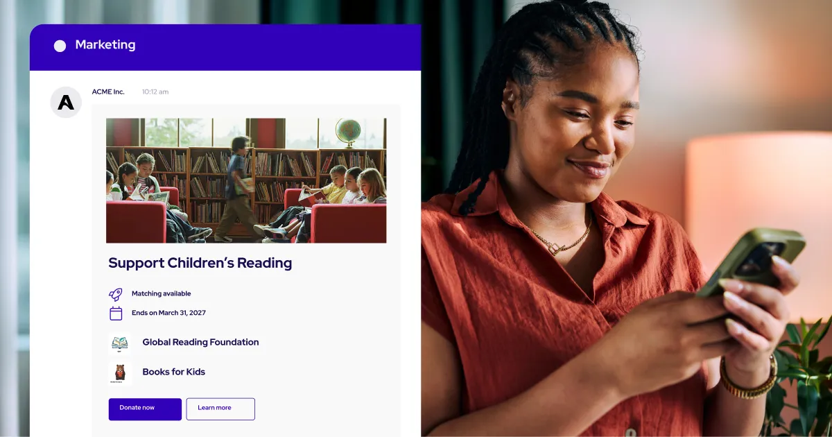 UI of Benevity's Microsoft Teams integration showing a volunteer opportunity of a community garden clean up directly in a Teams chat.