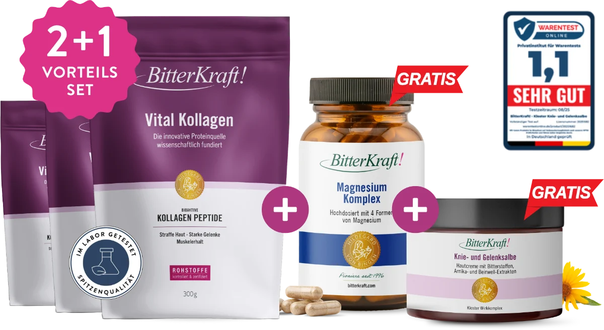 Komplett-Kur: 2+1 Vital Kollagen, dazu gratis Magnesium Komplex und Knie- und Gelenksalbe