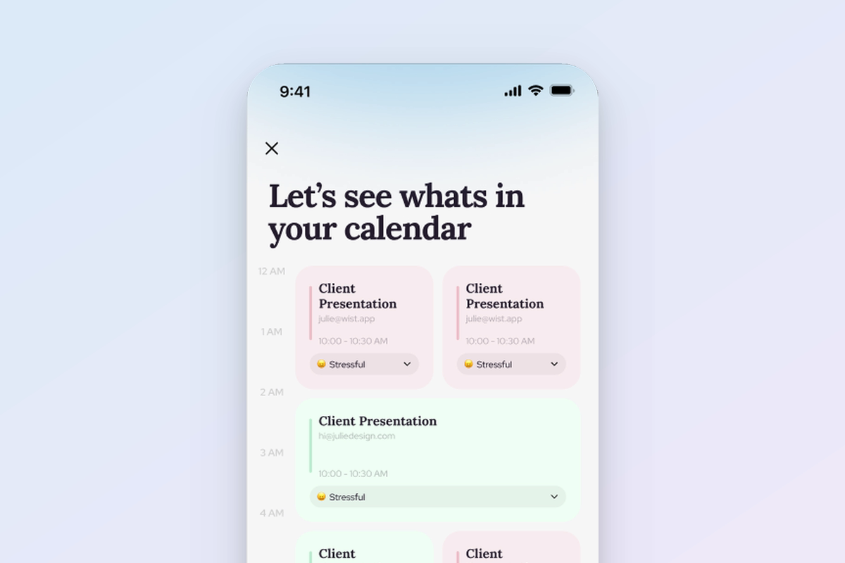 Wist calendar view highlighting stressful meetings
