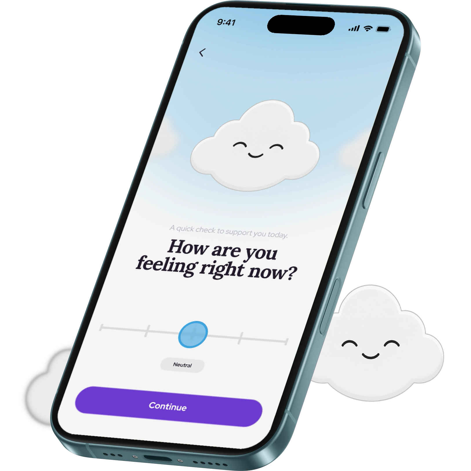 Wist app on a phone asking how are you feeling right now, with a smiling cloud