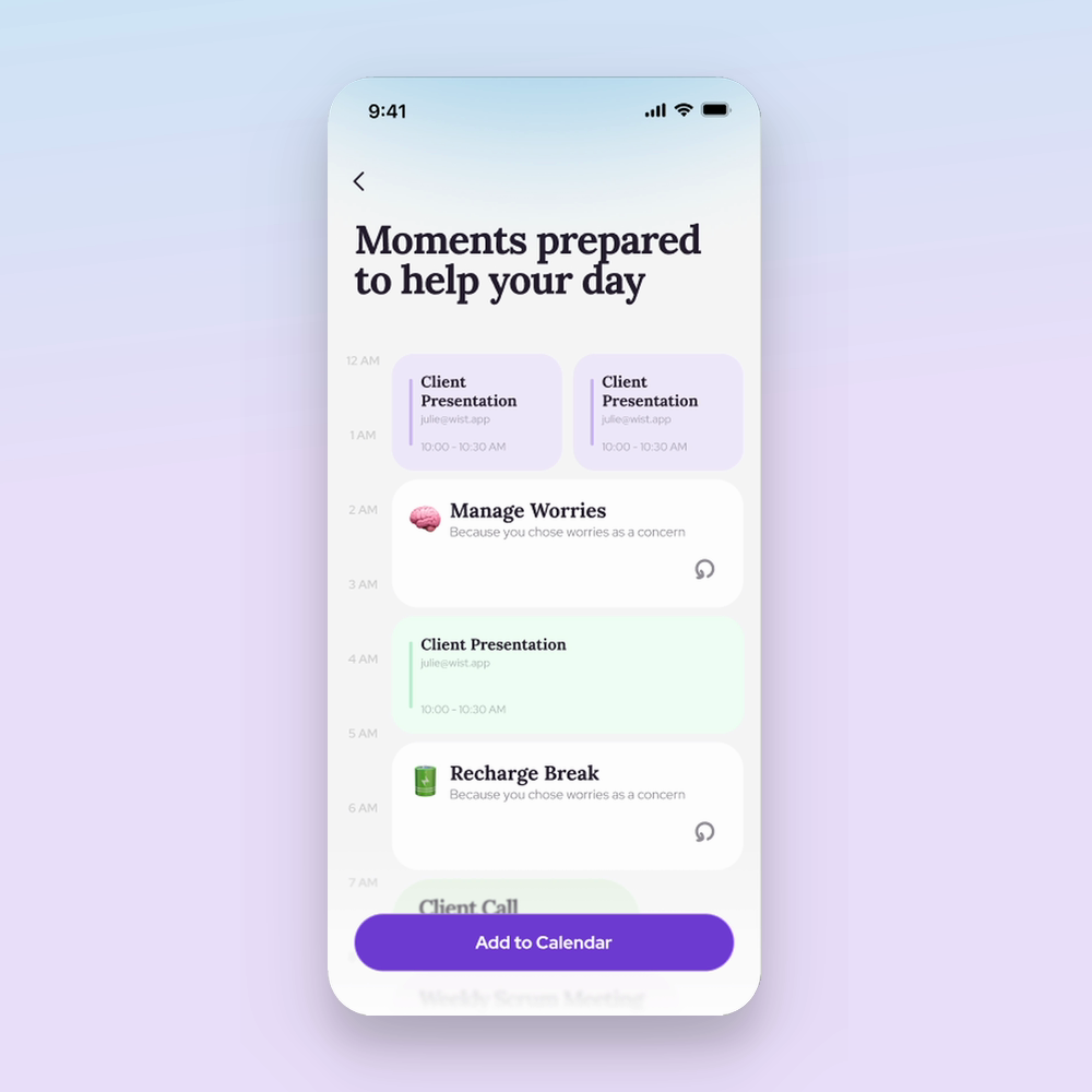 Wist screen showing reset moments placed between calendar events