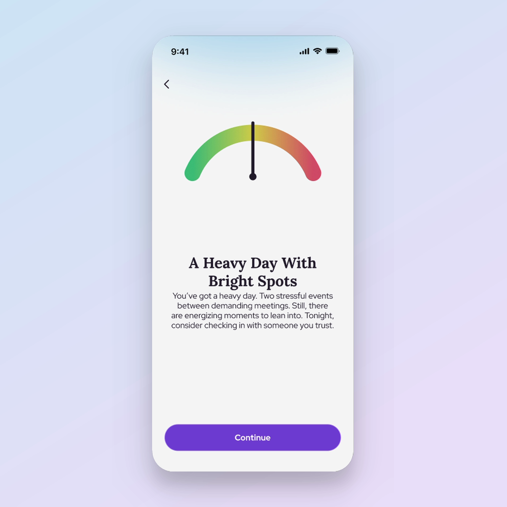 Wist screen with a stress gauge reading a heavy day with bright spots