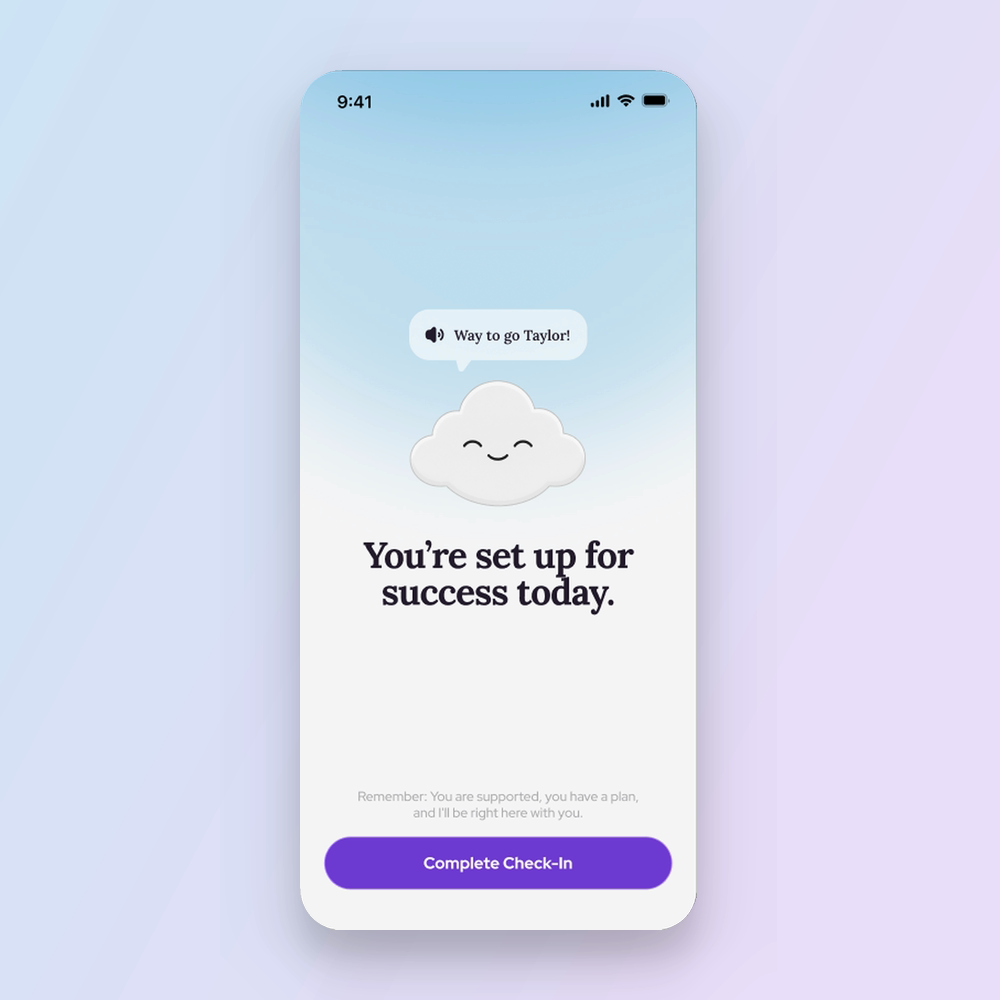 Wist screen celebrating progress with a cloud character
