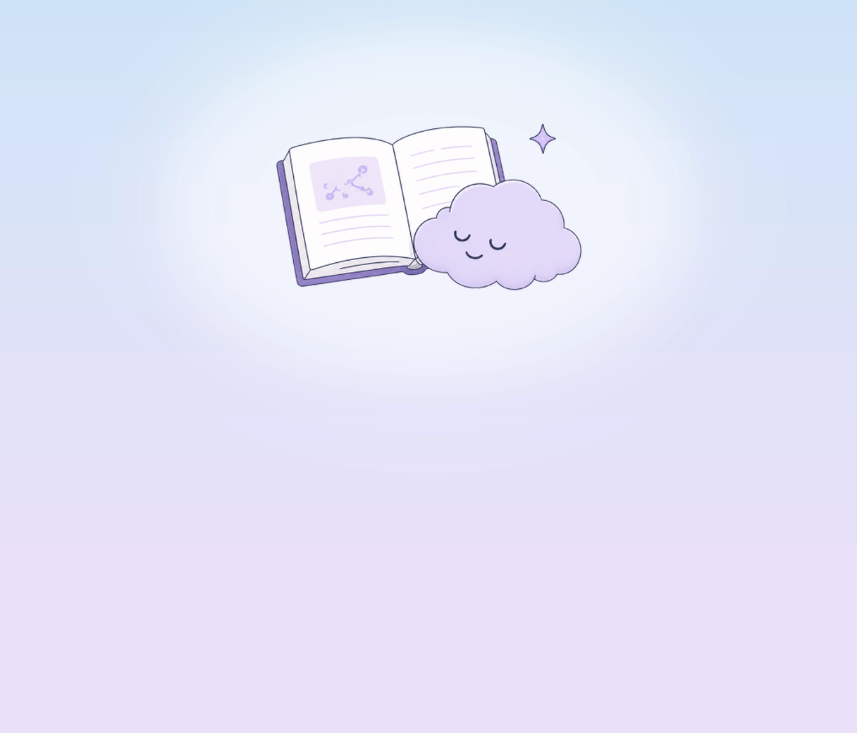 Open research book next to a calm cloud character