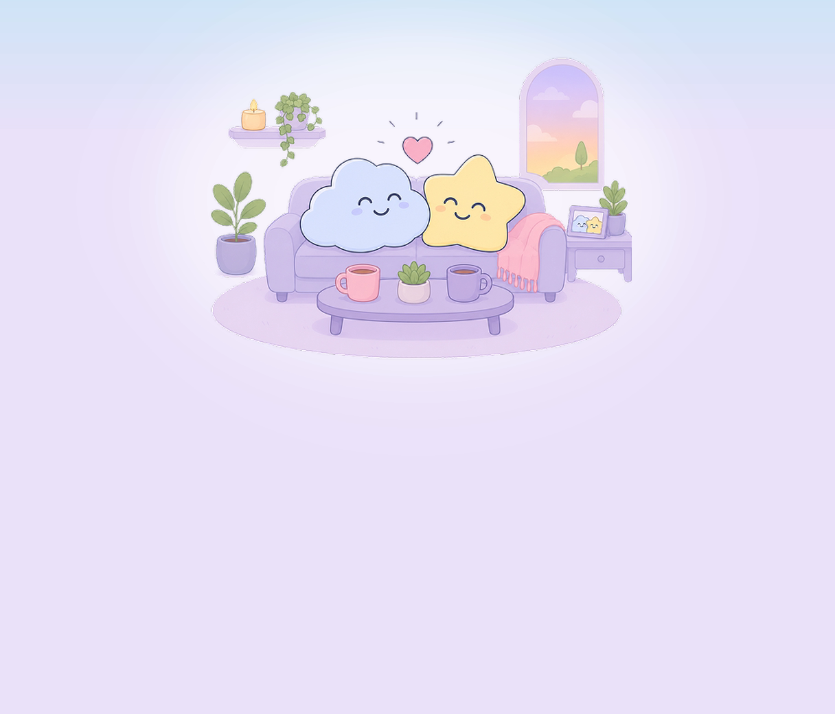 Cloud and star friends sharing tea on a couch