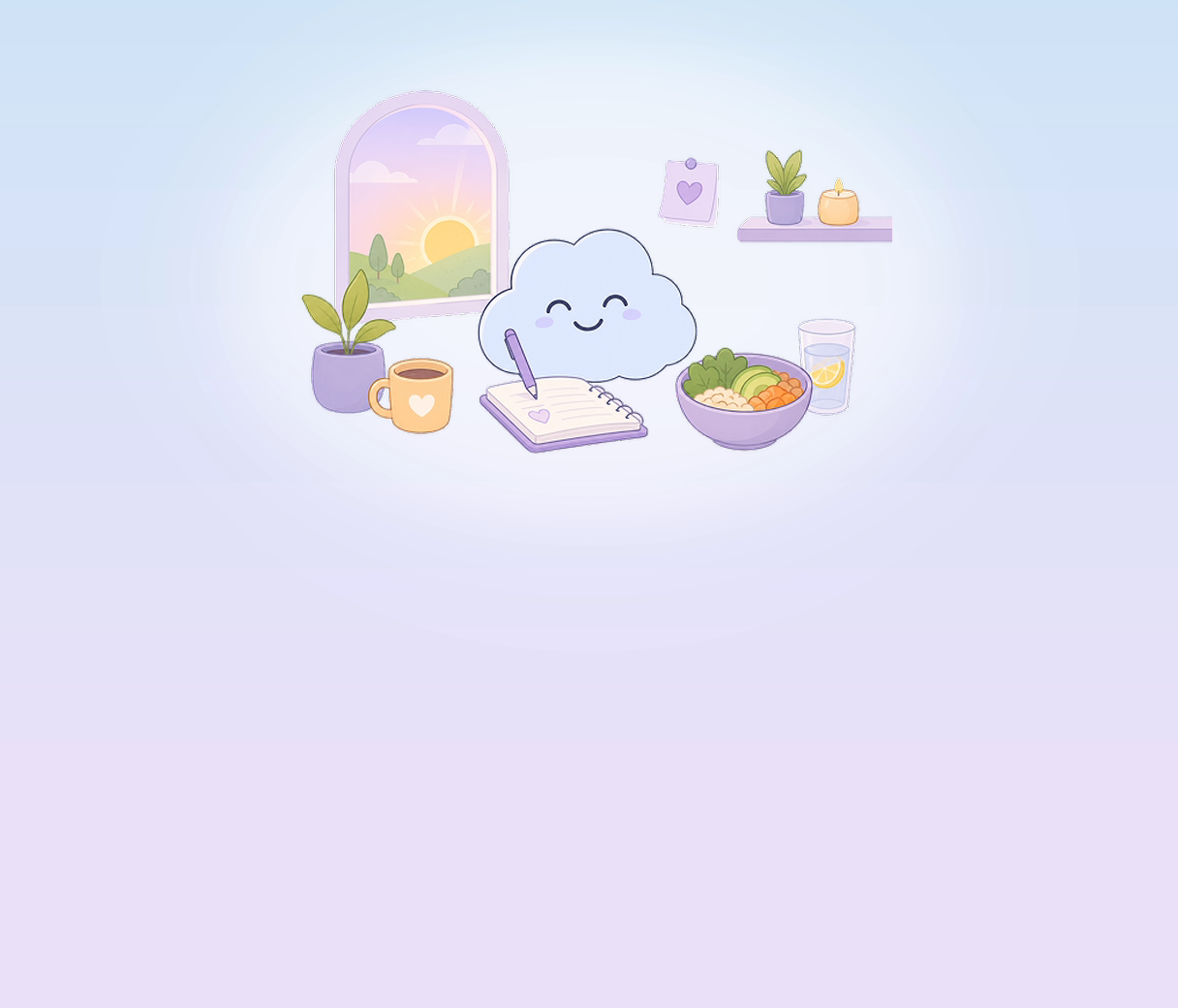 Cloud character journaling with tea and a healthy breakfast at sunrise
