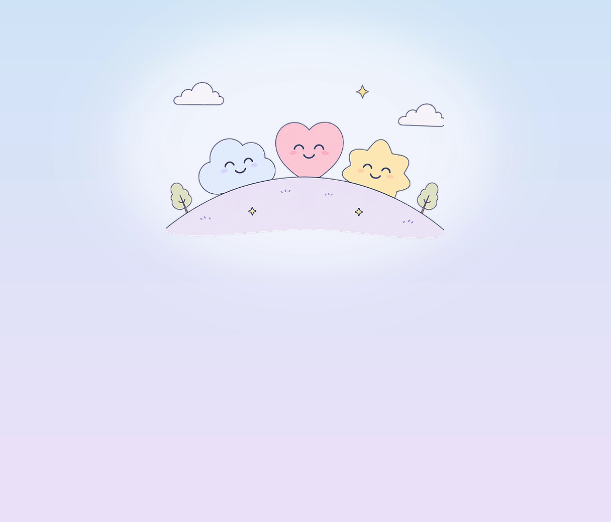 Cloud, heart and star characters together on a hill