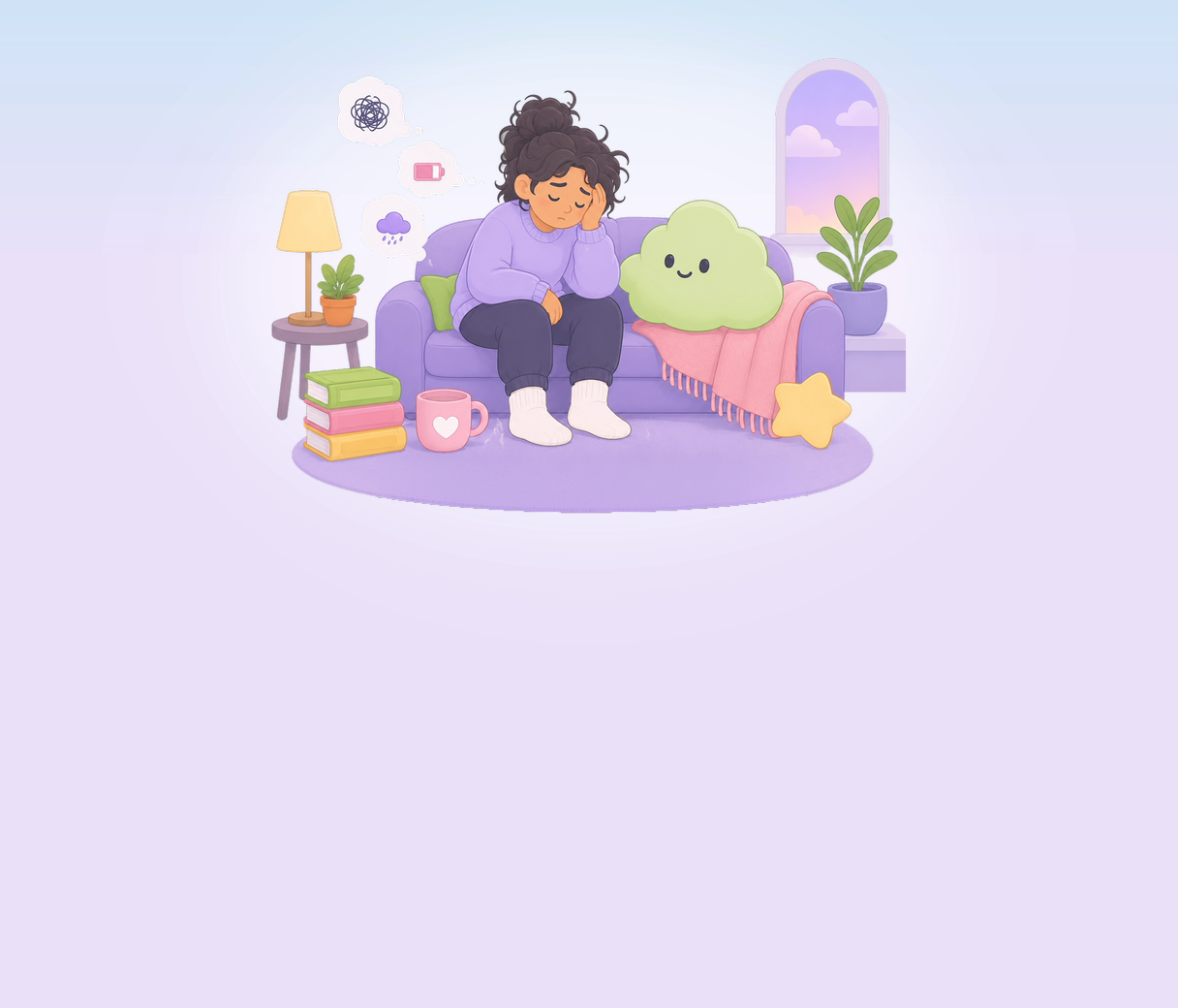 Tired person on a couch with a friendly cloud companion beside them