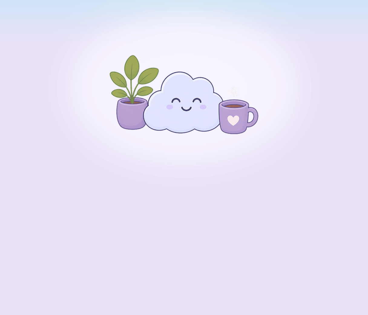 Cloud character beside a plant and a morning coffee