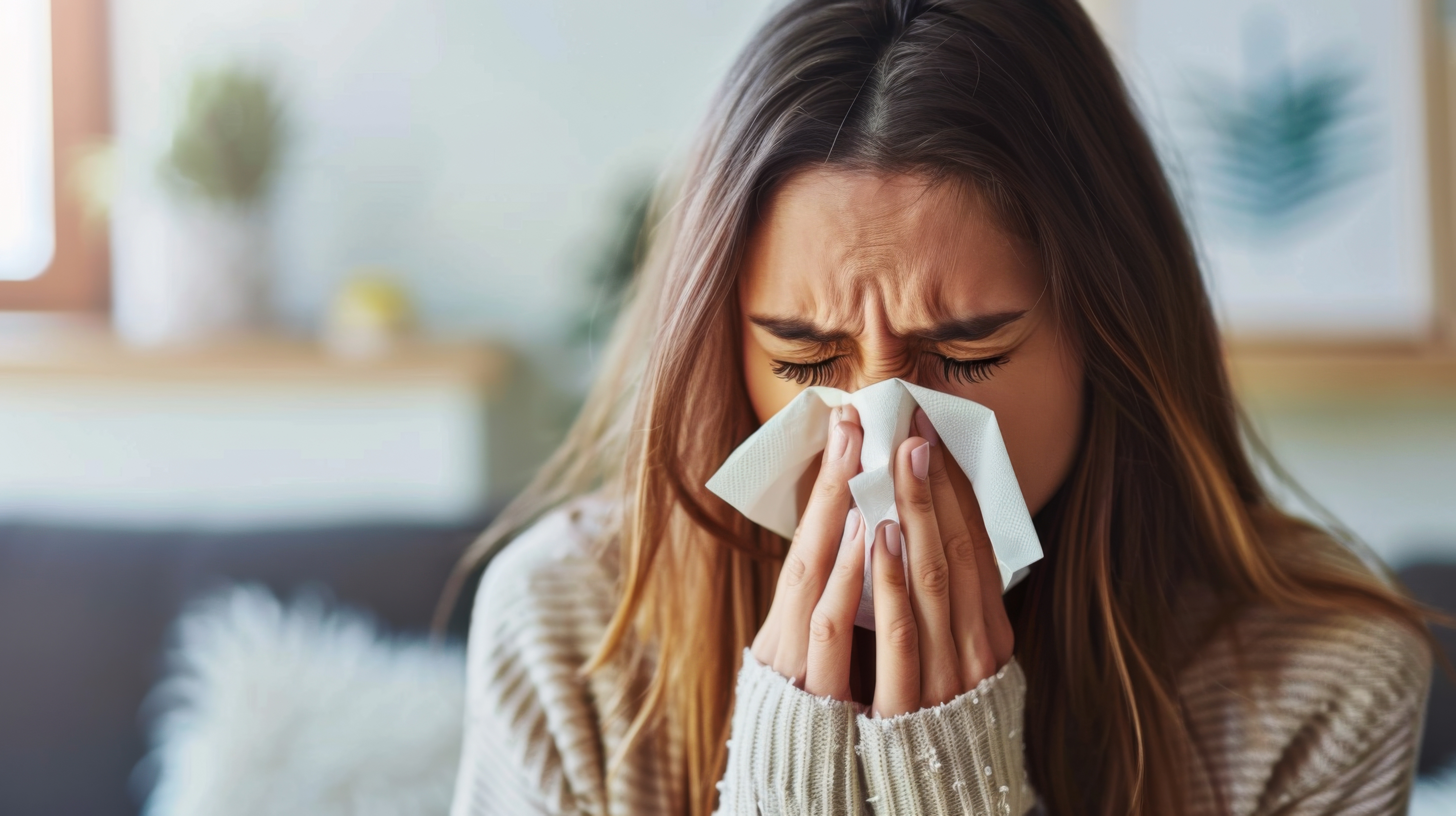 Young woman blowing her nose, showing symptoms of sinus infection and congestion